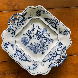 Blue Danube 9 inch square plate with filigree handles. No flaws.
